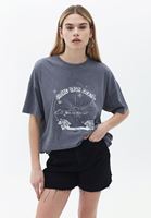 Bayan Gri Baskılı Pamuklu Tişört