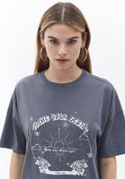 Bayan Gri Baskılı Pamuklu Tişört