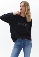 Bayan Siyah Baskılı Uzun Kollu Tişört