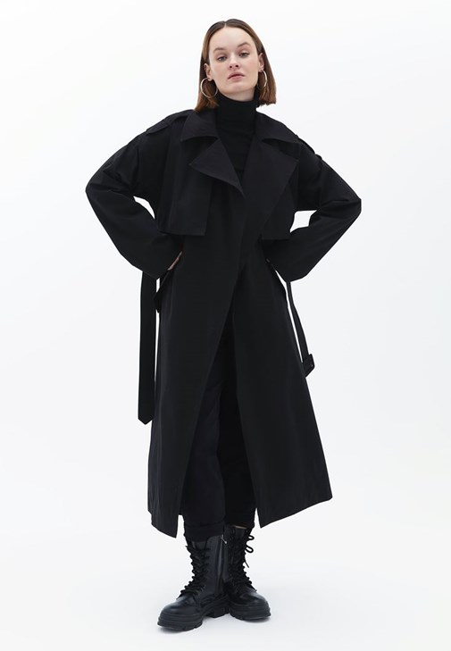 Siyah Kemerli Oversize Trençkot 24YOX-PAPBUTRENCH1 | OXXO