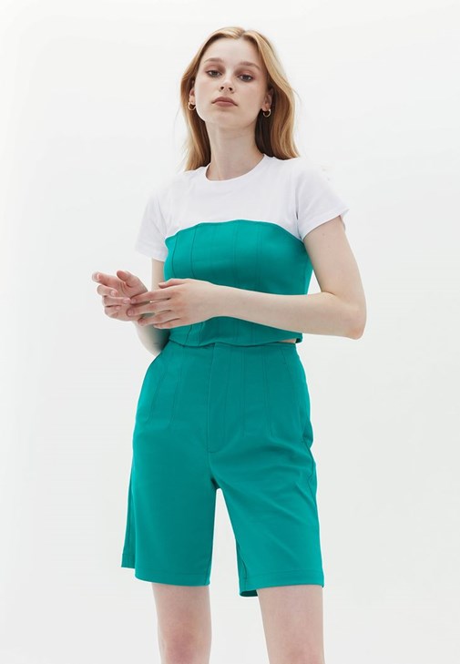 Yeşil Korse Detaylı Crop Tişört