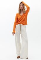 Bayan Krem Orta Bel Wide-Leg Pantolon