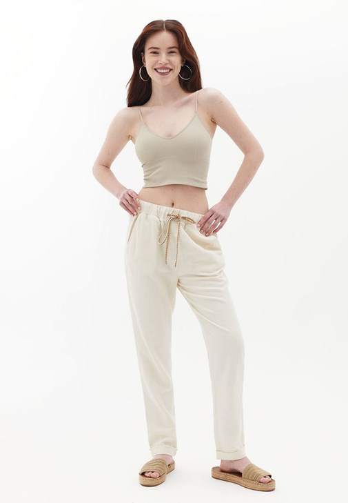 Krem Yüksek Bel Carrot-Fit Pantolon