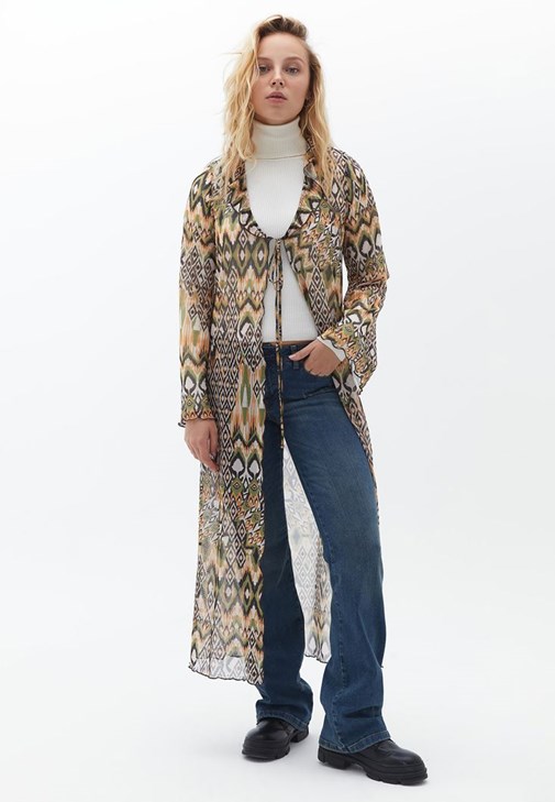 Çok Renkli Bağlama Detaylı Loose-Fit Kimono