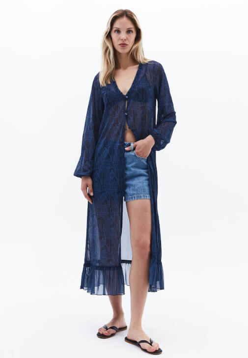 Çok Renkli Düğme Detaylı Tül Kimono