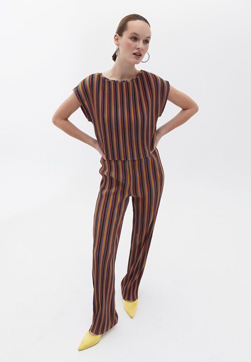 Çok Renkli Yüksek Bel Simli Straight-Fit Pantolon