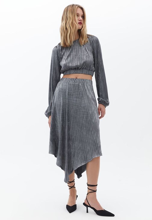 Balon Kollu Bluz ve Midi Etek Kombini