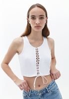 Bayan Beyaz Bağlama Detaylı Crop Top