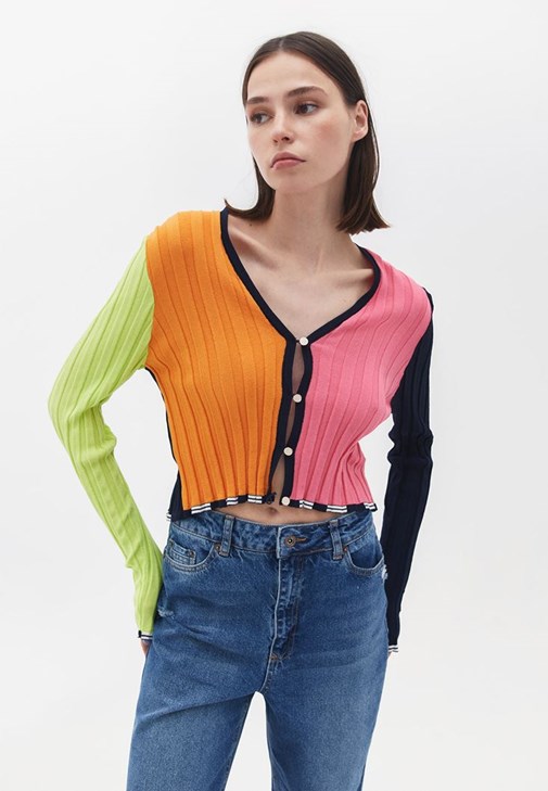 Çok Renkli Crop Triko Hırka