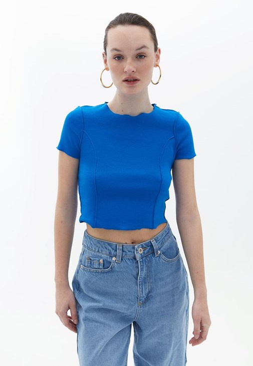 Mavi Pamuklu Crop Tişört