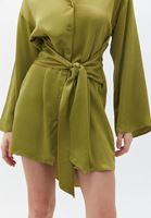 Bayan Yeşil Bağlamalı Saten Gömlek Elbise