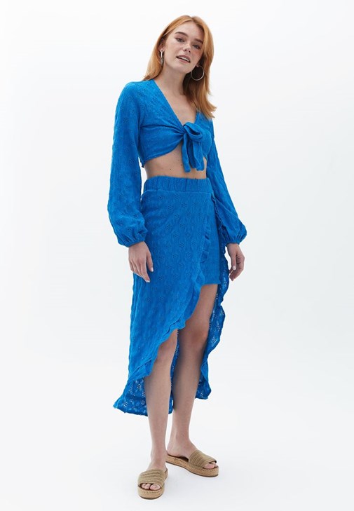 Mavi Yüksek Bel Midi Etek