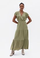 Bayan Yeşil Kruvaze Yaka Uzun Elbise