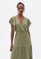 Bayan Yeşil Kruvaze Yaka Uzun Elbise