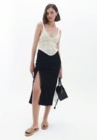 Bayan Siyah Yırtmaçlı Midi Etek