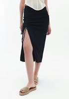 Bayan Siyah Yırtmaçlı Midi Etek