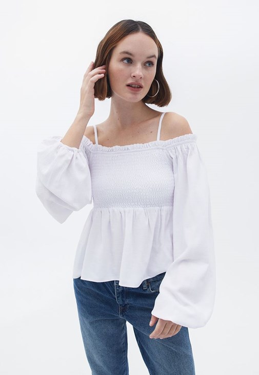 Beyaz Balon Kollu Bluz