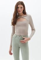 Bayan Bej Cut-Out Detaylı Triko Kazak