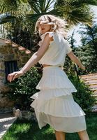 Bayan Krem Yüksek Bel Fırfırlı Midi Etek