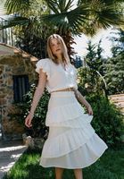 Bayan Krem Yüksek Bel Fırfırlı Midi Etek