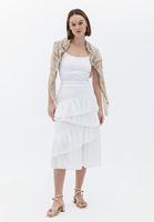 Bayan Krem Yüksek Bel Fırfırlı Midi Etek