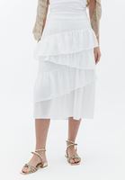 Bayan Krem Yüksek Bel Fırfırlı Midi Etek