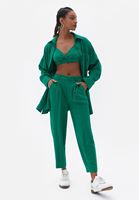 Bayan Yeşil Keten Karışımlı Baggy-Fit Pantolon