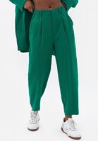 Bayan Yeşil Keten Karışımlı Baggy-Fit Pantolon