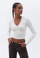 Bayan Krem Dantel Detaylı Crop Tişört
