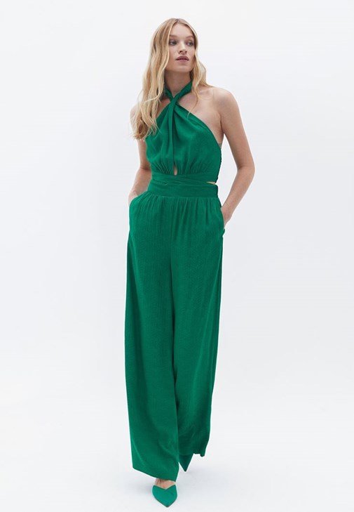 Yeşil Kruvaze Yaka Wide-Leg Tulum