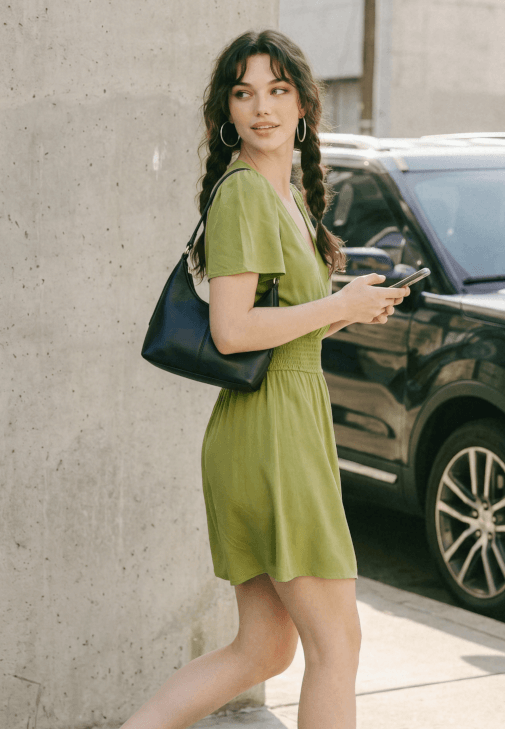 Yeşil Kruvaze Yaka Mini Elbise