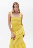 Bayan Sarı Fırfırlı ve Gipeli Maxi Elbise