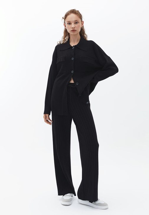 Siyah Orta Bel Fitilli Triko Pantolon 