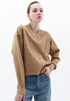 Bayan Kahverengi Dantel Detaylı Kazak