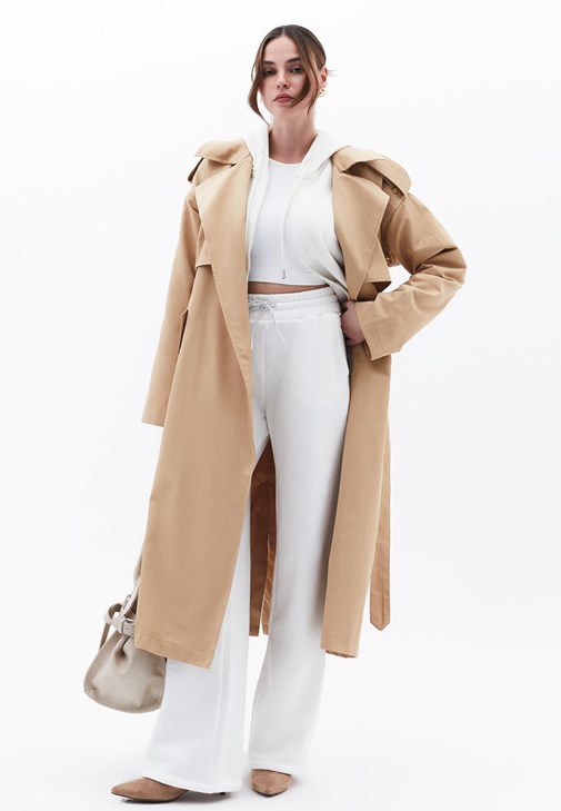 Krem Yüksek Bel Wide-Leg Pantolon 