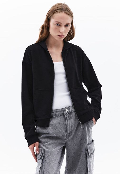 Siyah Kapüşonlu Sweat Hırka