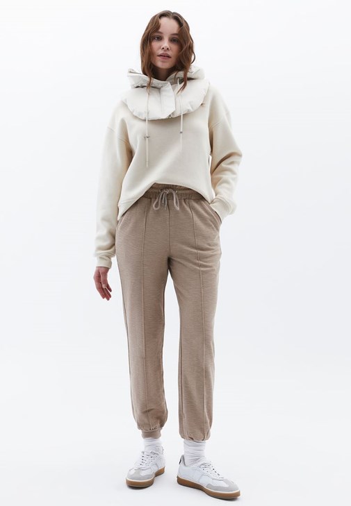 Bej Pamuklu Yüksek Bel Jogger Pantolon