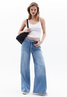 Bayan Mavi Orta Bel Wide-Leg Denim Pantolon