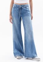 Bayan Mavi Orta Bel Wide-Leg Denim Pantolon