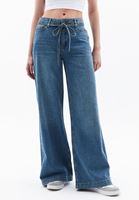 Bayan Mavi Orta Bel Wide-Leg Denim Pantolon