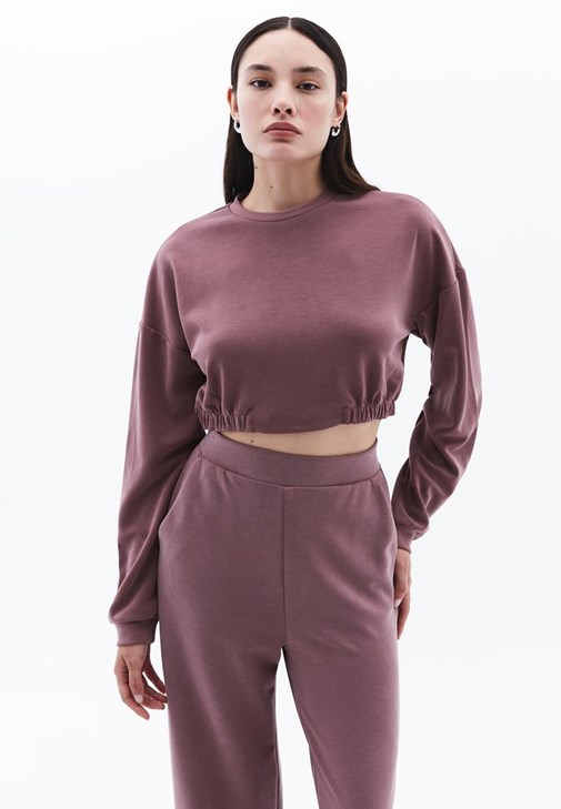 Pembe Sıfır Yaka Crop Sweatshirt ( MODAL )