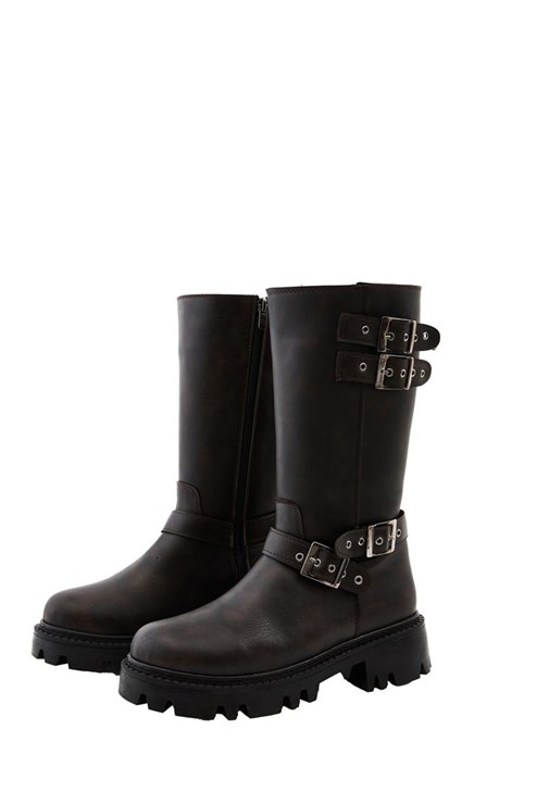 Kahverengi Toka Detaylı Vegan Deri Bot