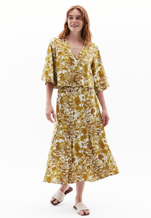 Çok Renkli Keten Karışımlı Yüksek Bel Etek