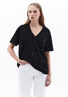 Bayan Siyah Oversize Taş Detaylı Tişört