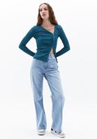 Women Petrol Blue Crop Tshirt with Asymmetrical Sleeves