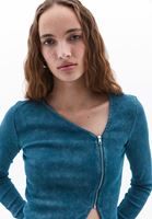 Women Petrol Blue Crop Tshirt with Asymmetrical Sleeves