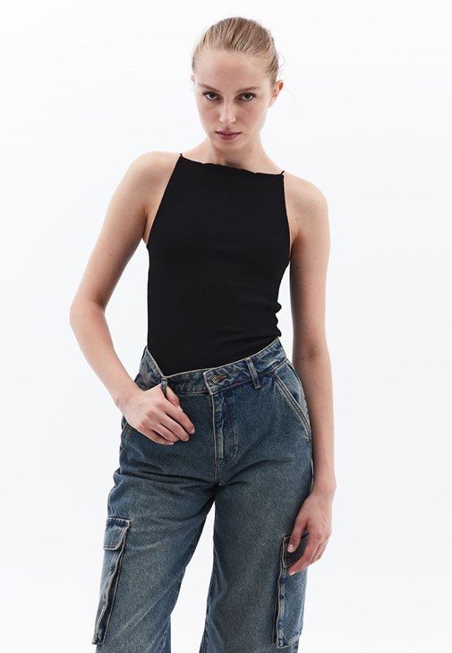 Siyah Kalın Pamuklu Halter Yaka Atlet