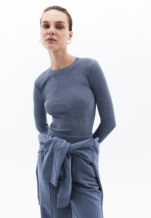 Gri Yıkamalı Sıfır Yaka Tişört