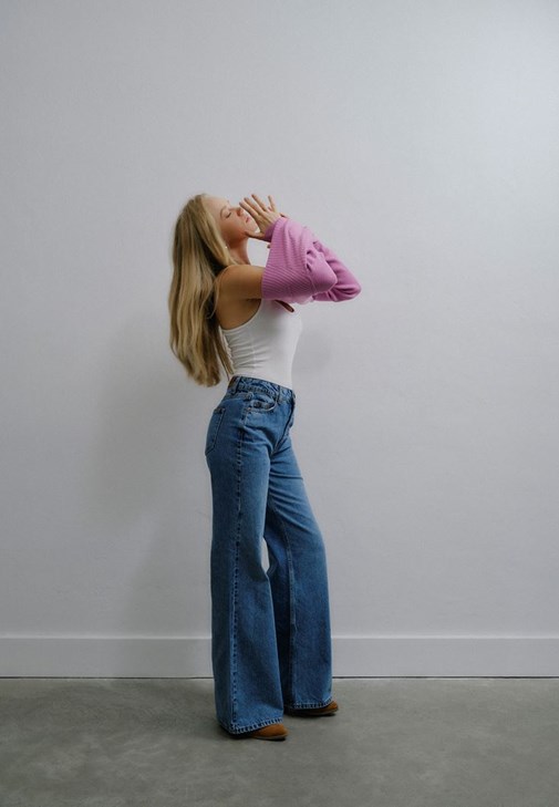 Mavi Yüksek Bel Wide-Leg Pantolon