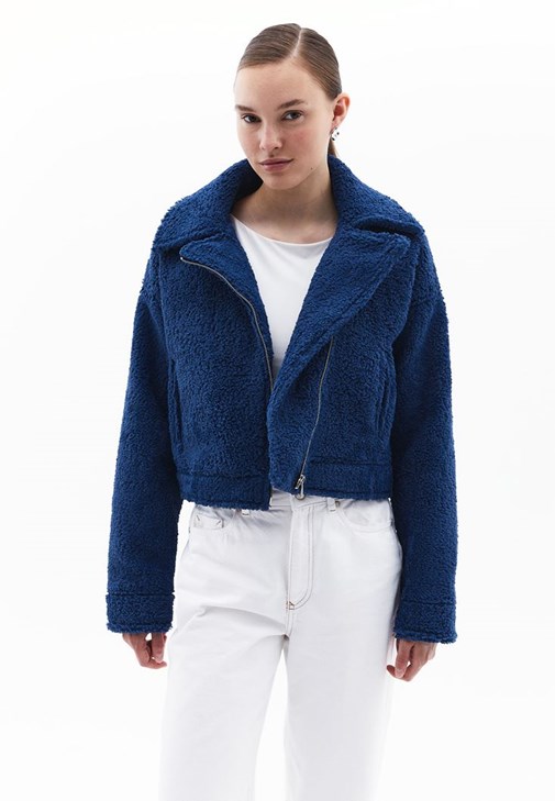 Lacivert Fermuarlı Crop Ceket